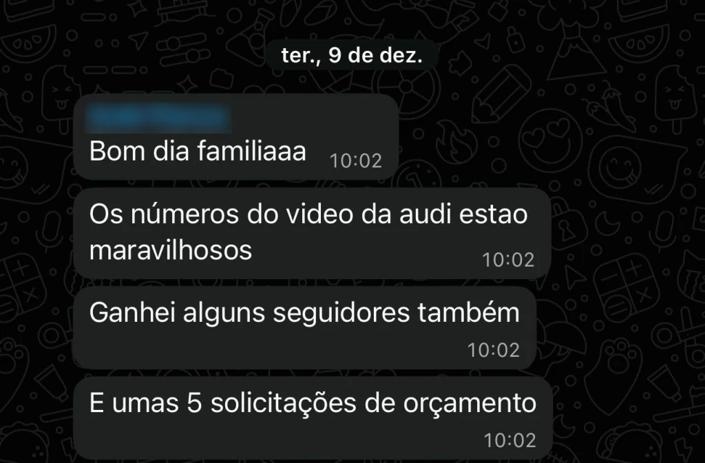 Mensagem de Cliente Resulta: Os números do vídeo da Audi estão maravilhosos Ganhei alguns seguidores também E umas 5 solicitações de orçamento